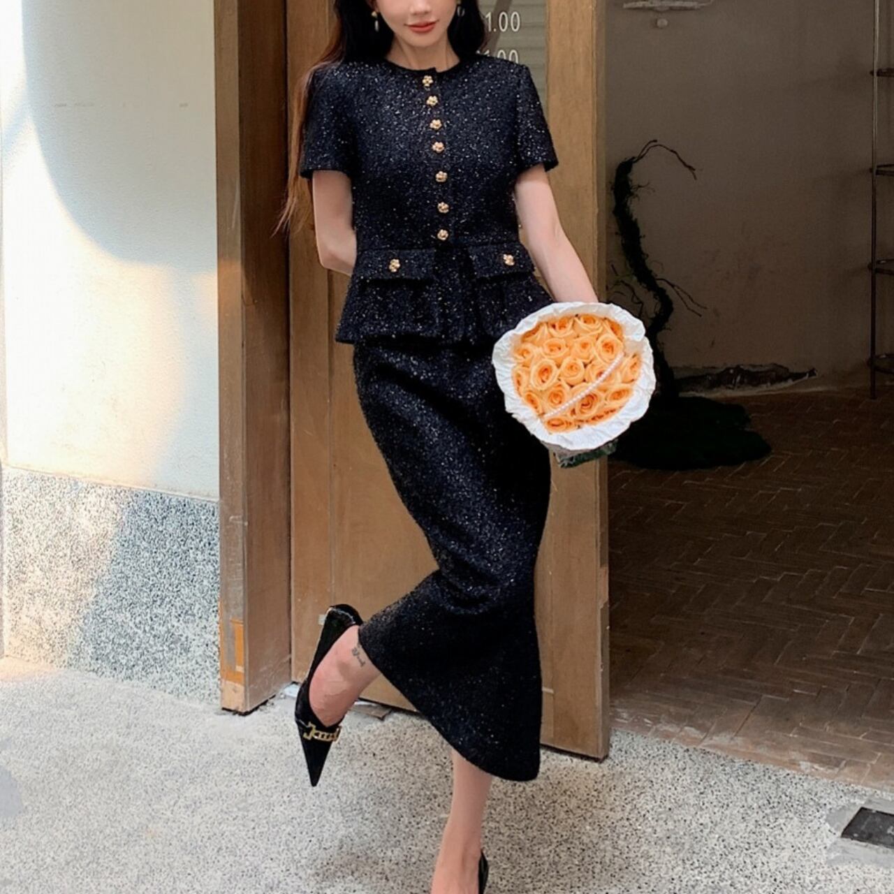 エレガントツイード ツーピース風 ブラックドレス A4123