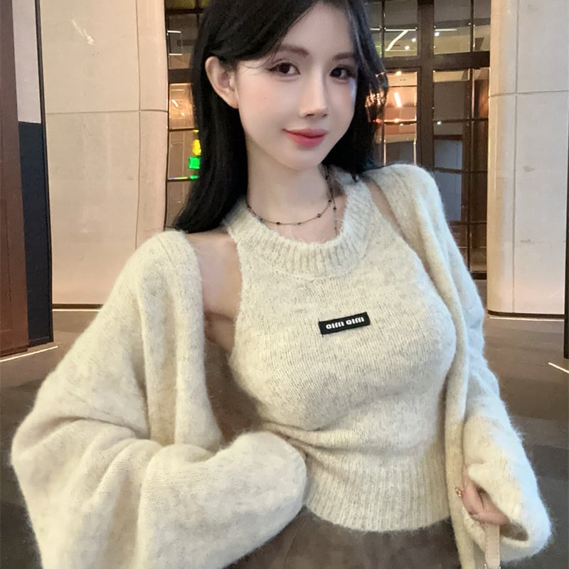 【set】ニットカーディガン×ノースリーブニットトップスセット Q7104