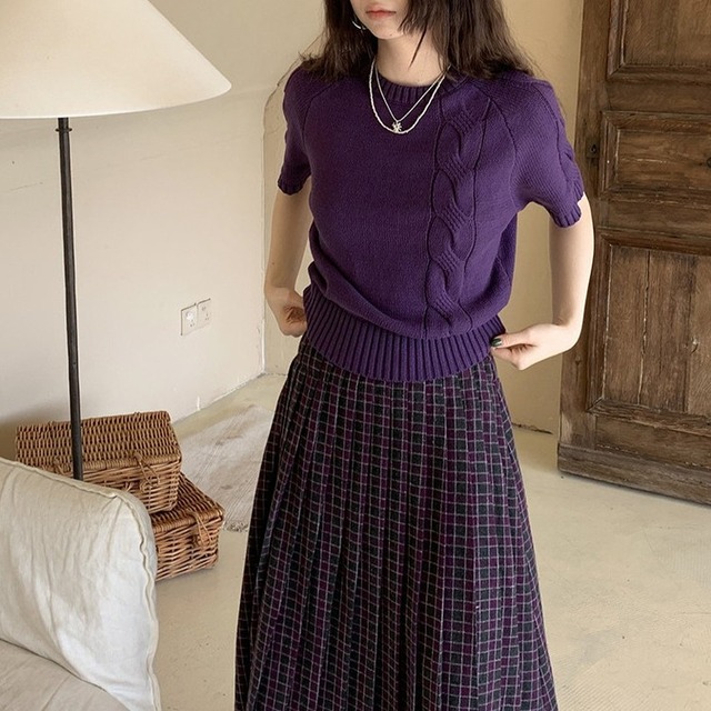 パープル半袖ケーブルニット [am03630]