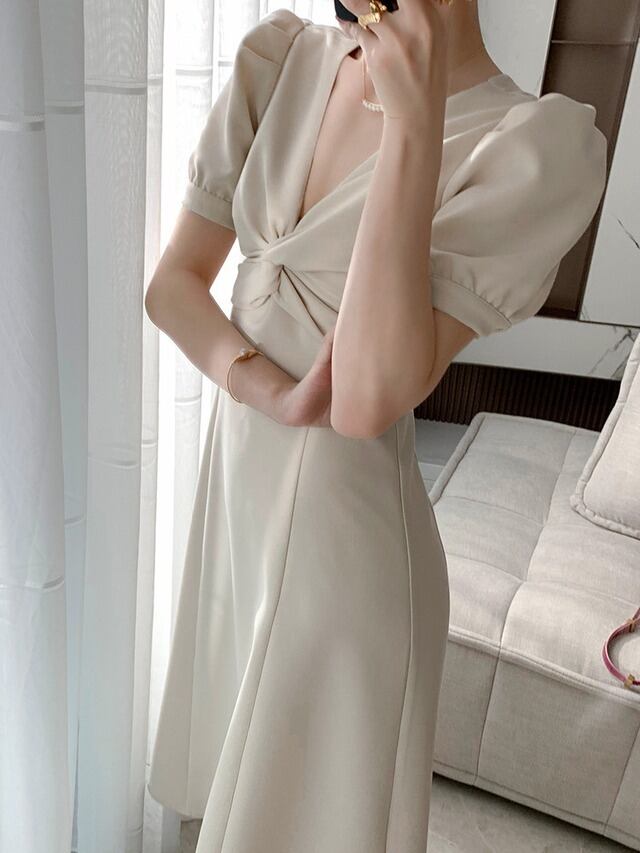 韓国風 ベージュ サイズXL クロスVネック ハイウエスト