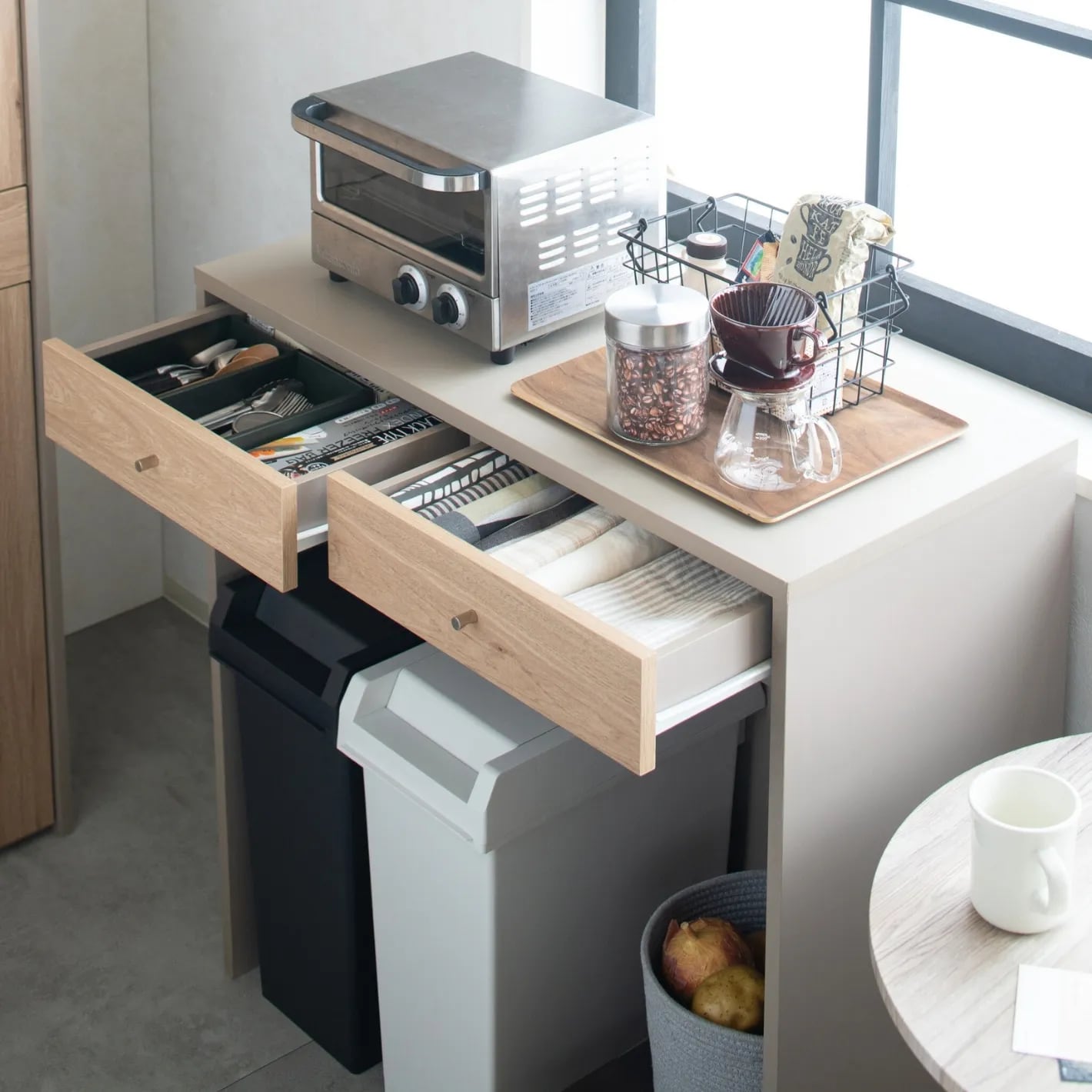 ゴミ箱上キッチンカウンター幅90 ダストカウンター 引出付 収納（182） 幅90cm] ゴミ箱上 省スペース ダストカウンター 2杯引き出し