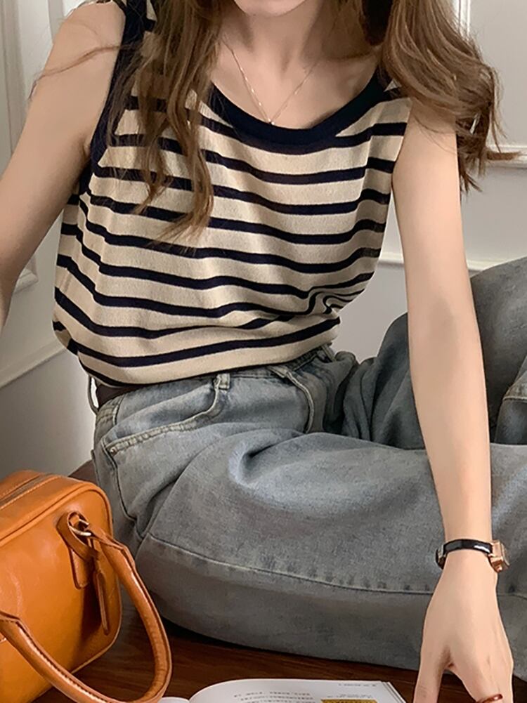 ストライプニットトップス レディースサマーノースリーブシャツ 夏物 1号婦人51333822304
