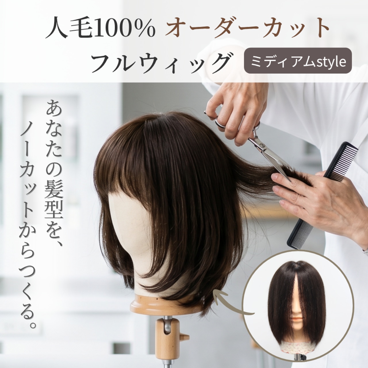 医療用ウィッグ 人毛100% オーダーメイド フルウィッグ【ミディアムヘア】|脱毛前の髪型を再現・なりたいスタイルをノーカットから