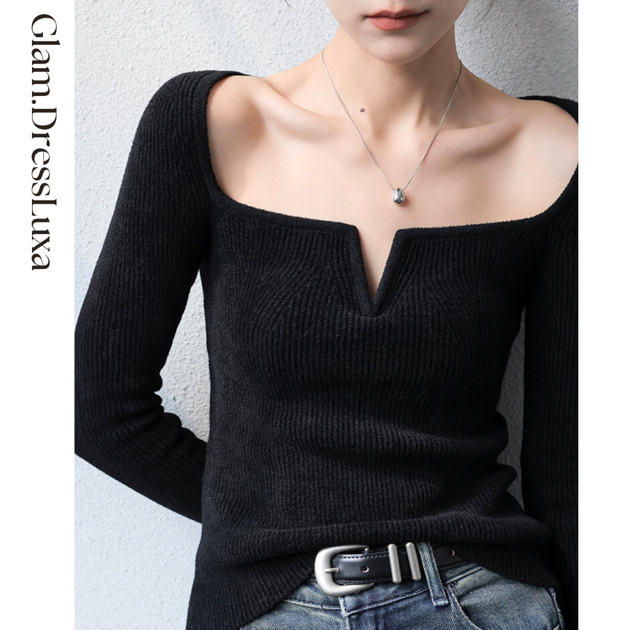 ワイドキーネック スリムニット_T1051