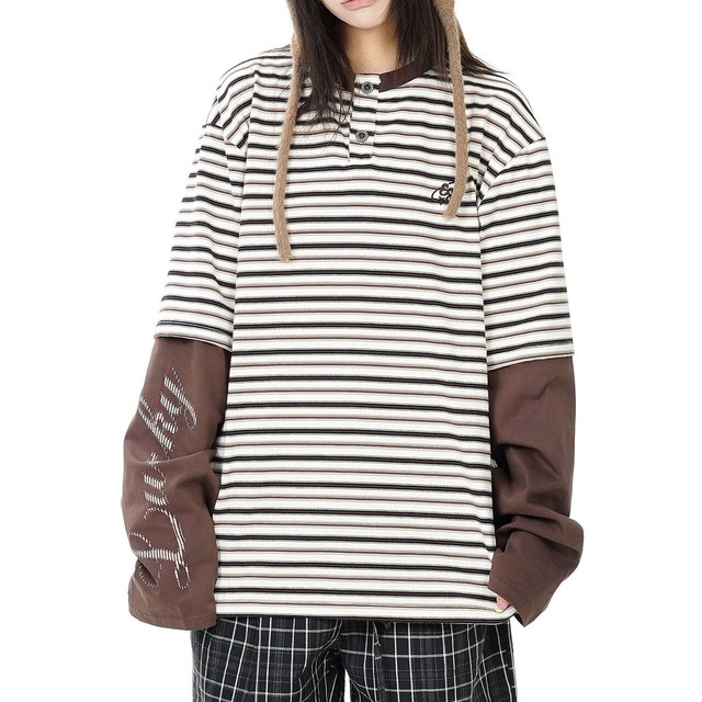 レイヤードスリーブボーダーヘンリーネックTシャツ 2col R02479