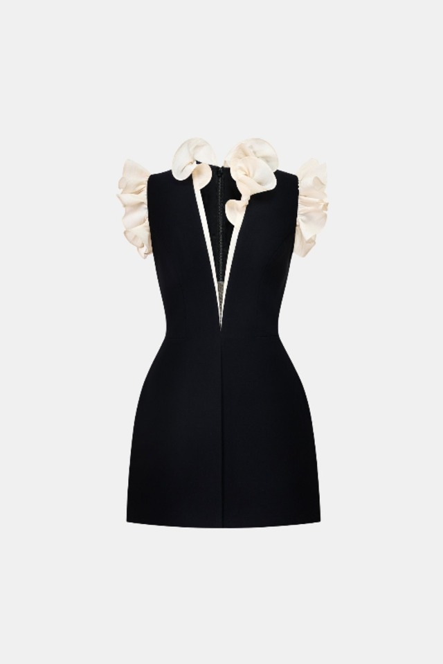 【新品DRESS 4948】ブラックフリル付きネックミニドレス ブラック タイトミニドレス バイカラー ワンホン ワンピース 【MONTSAND】