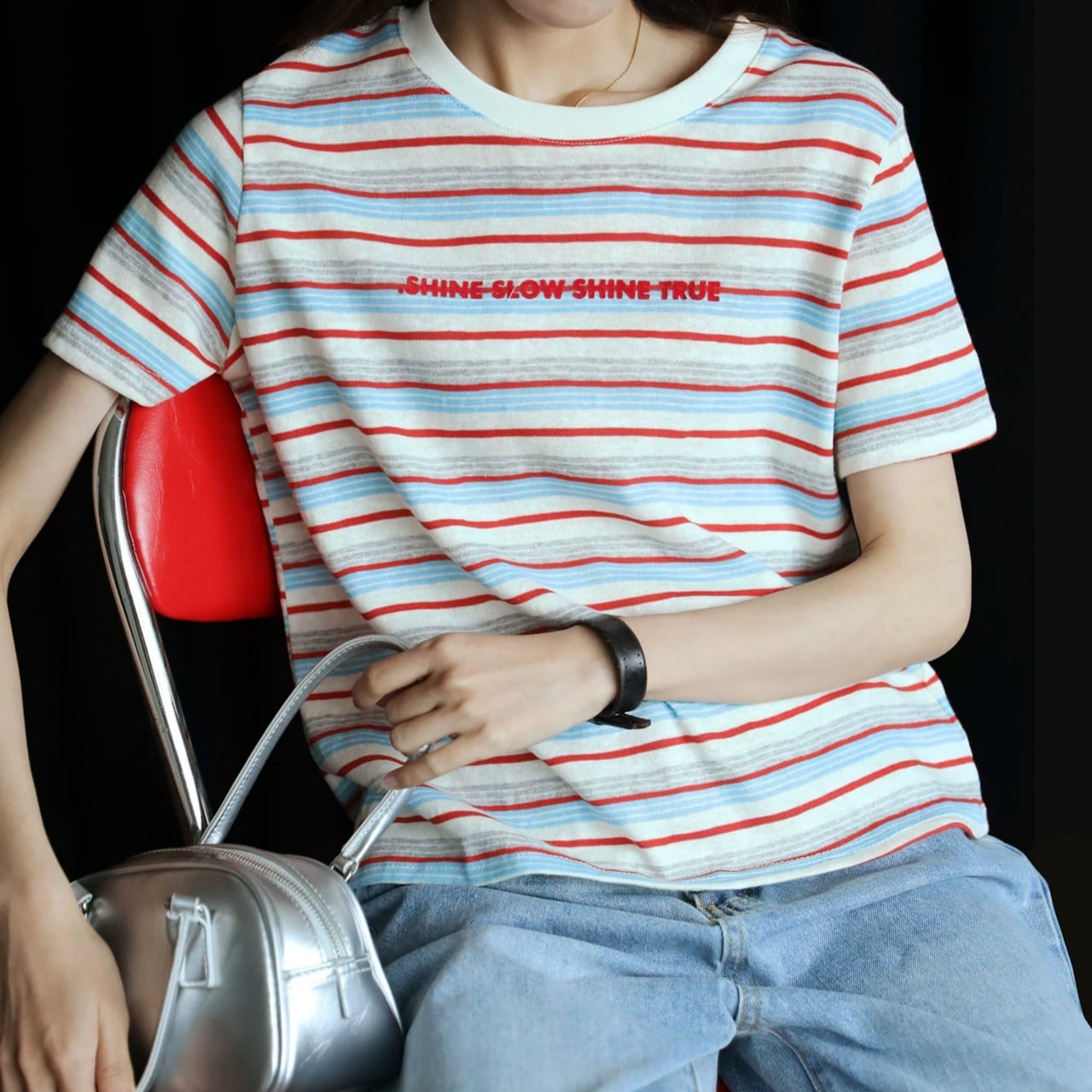 マルチボーダーレタープリントクルーネック Tシャツ A02232