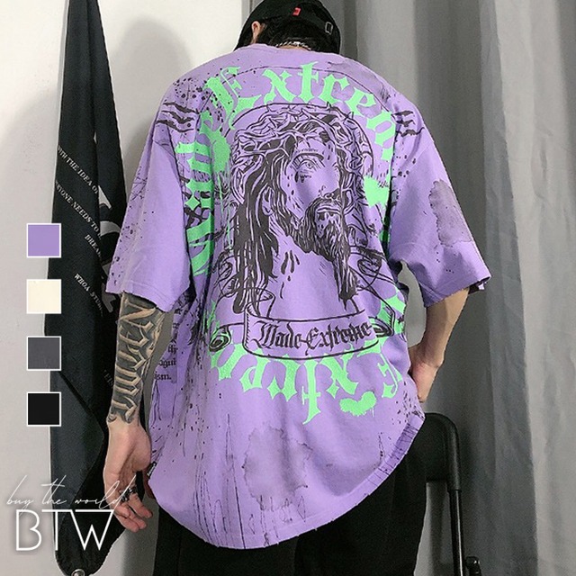 【韓国メンズファッション】ヴィンテージ風ウェザリングTシャツ カジュアル ストリート ヒップホップ ダメージ ゆったり BW2555