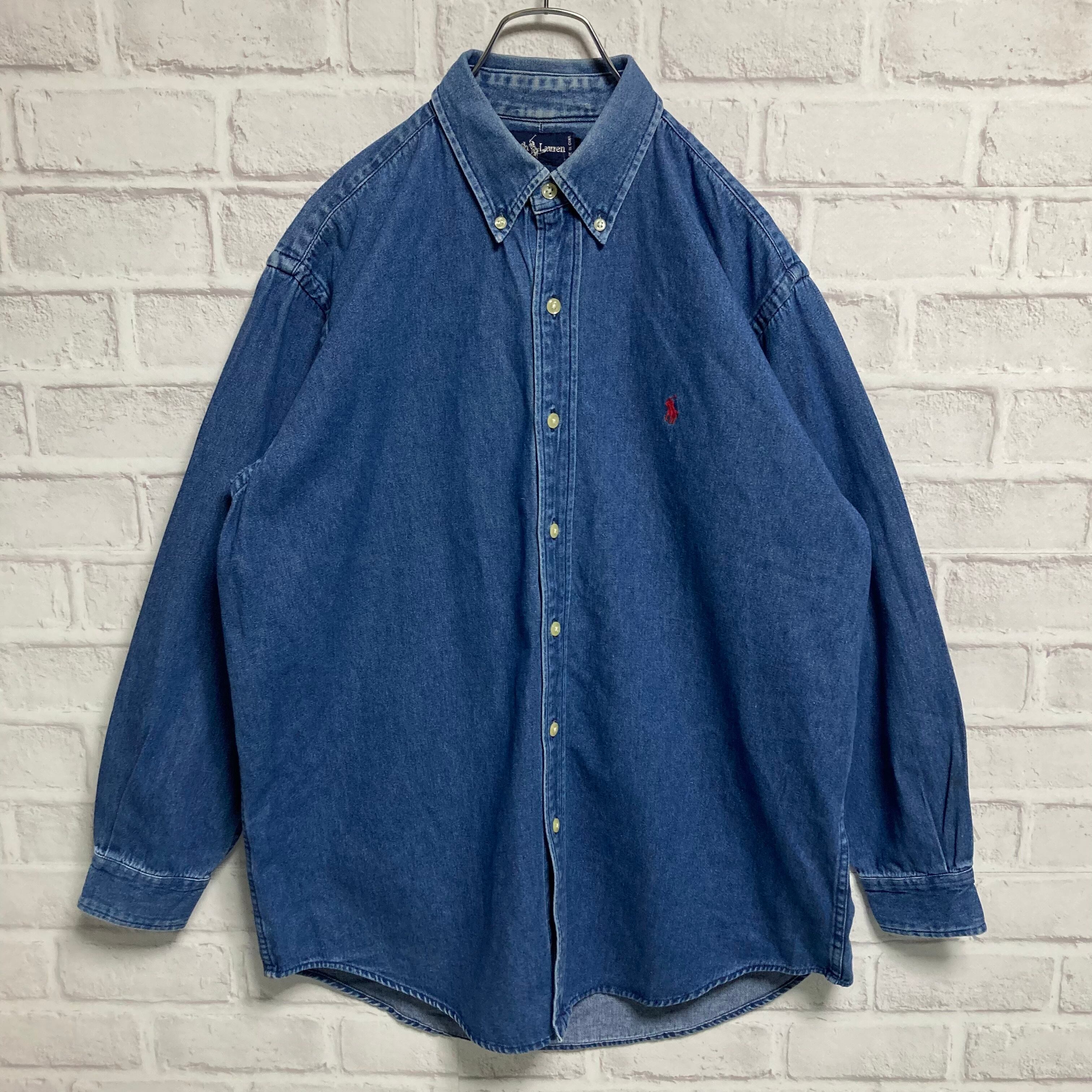 Ralph Lauren】L/S Denim Shirt M USA規格 L-XL相当 90s ポニーロゴ 赤