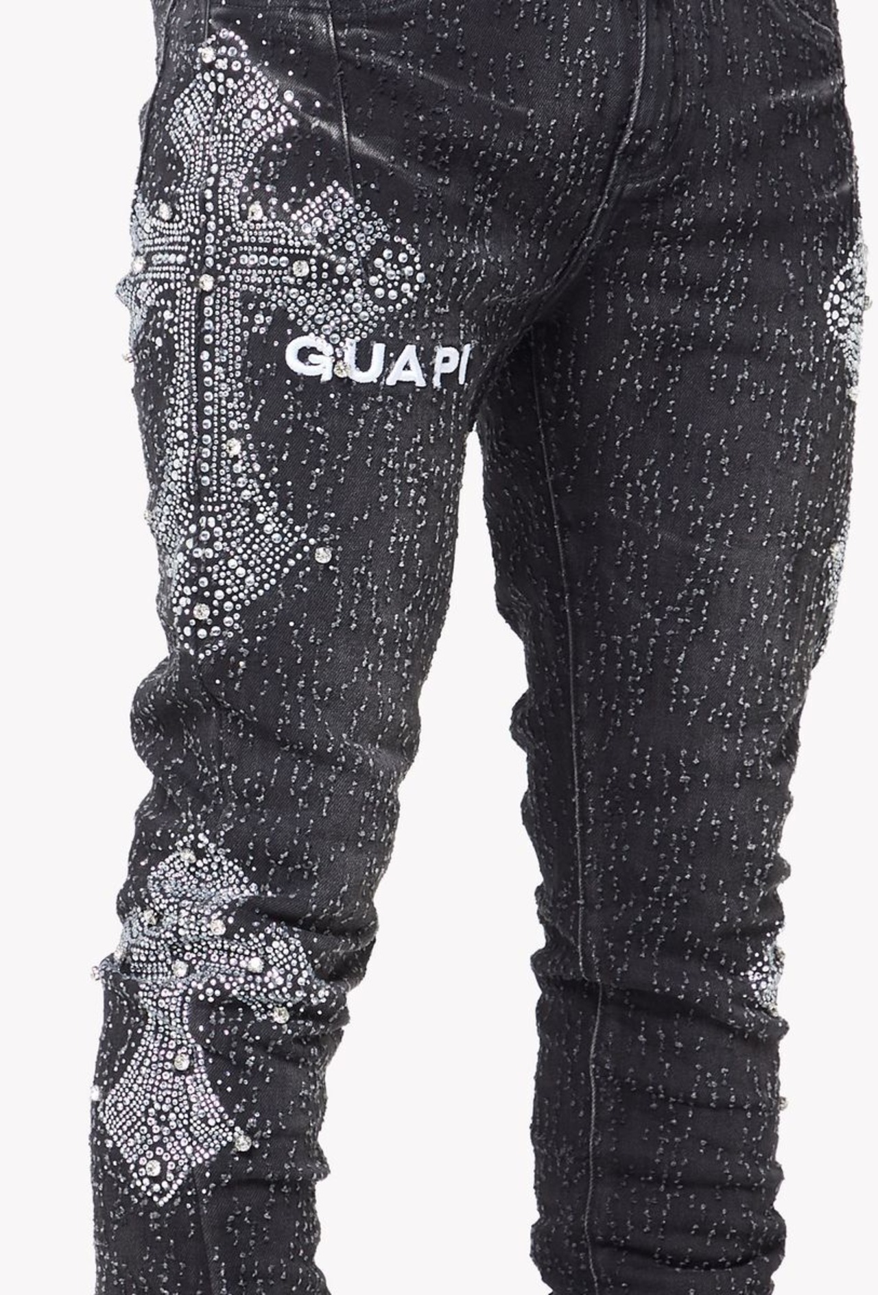 GUAPI / obsidian black distressed cross denim