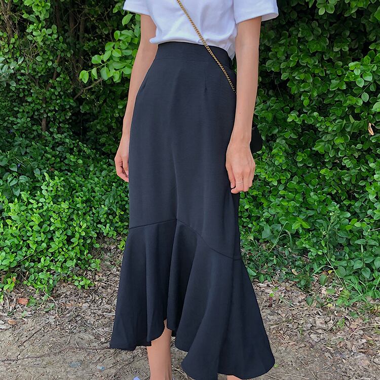 ブラックイレギュラーフロントショートスカート、バックロングスカートレディーススカートミドル丈フィッシュテールスカートサマードレープaラインスカート高さ YY-ファッション97232611061