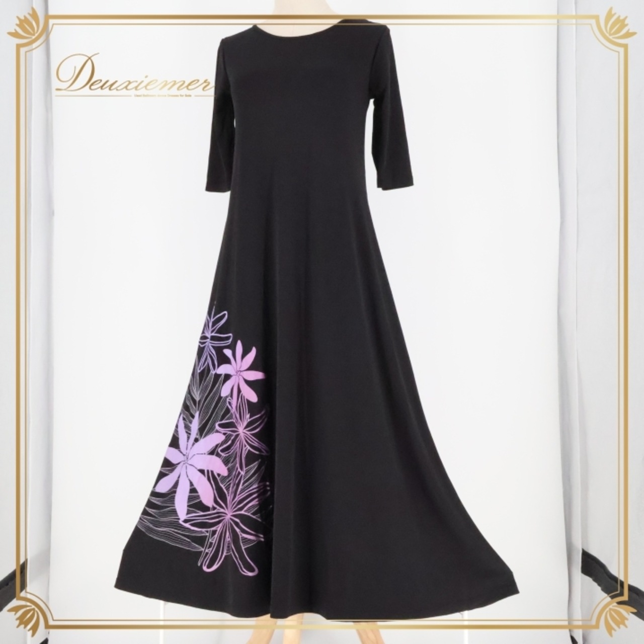 フラダンス 衣装 ワンピース ドレス プアラニ ブラック系 PUALANI ティアレ柄 長袖 ワンポイント ラメ タヒチアン 上品 きれい 華やか 鮮やか かわいい 黒 紫 ハワイアン アロハ ハワイアンプリント フラ ダンス レッスン 練習 エレガント