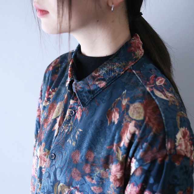 beautiful flower pattern loose silhouette velours see-through shirt