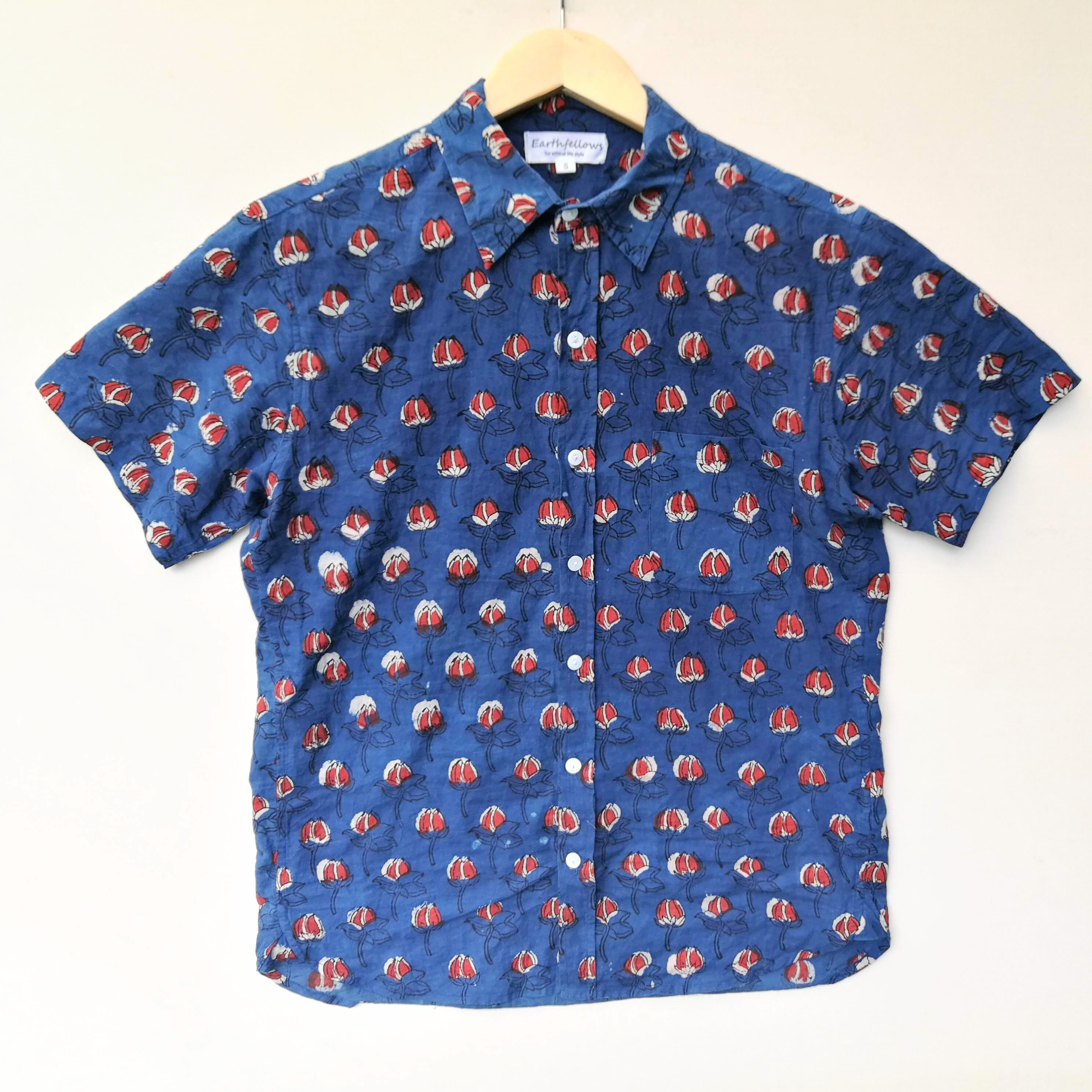 ★涼しさ抜群★オーガニックコットン草木染ブロックプリント半袖シャツ４（XS～XL）