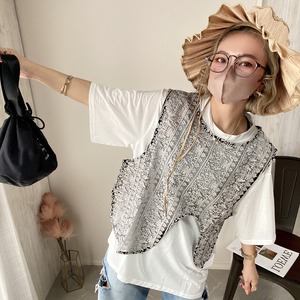 geometric pattern lace vest × tee SET【White】