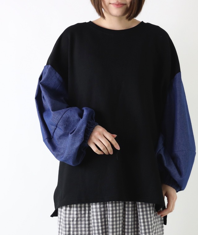 CUORE STORE/コットン裏毛 袖デニム切替プルオーバー