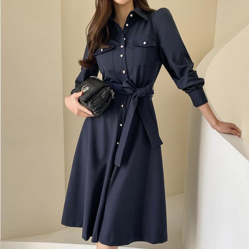 トレンチ風ワンピース ロング ミモレ丈 春 秋 冬 通勤 OL 紺色