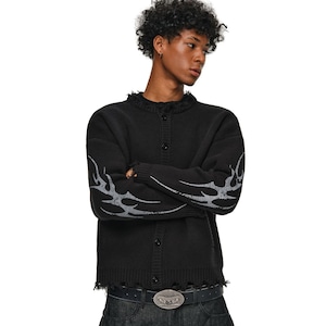 【DRIP6829】ANT Gothic Tribal Graphic Distressed Cardigan