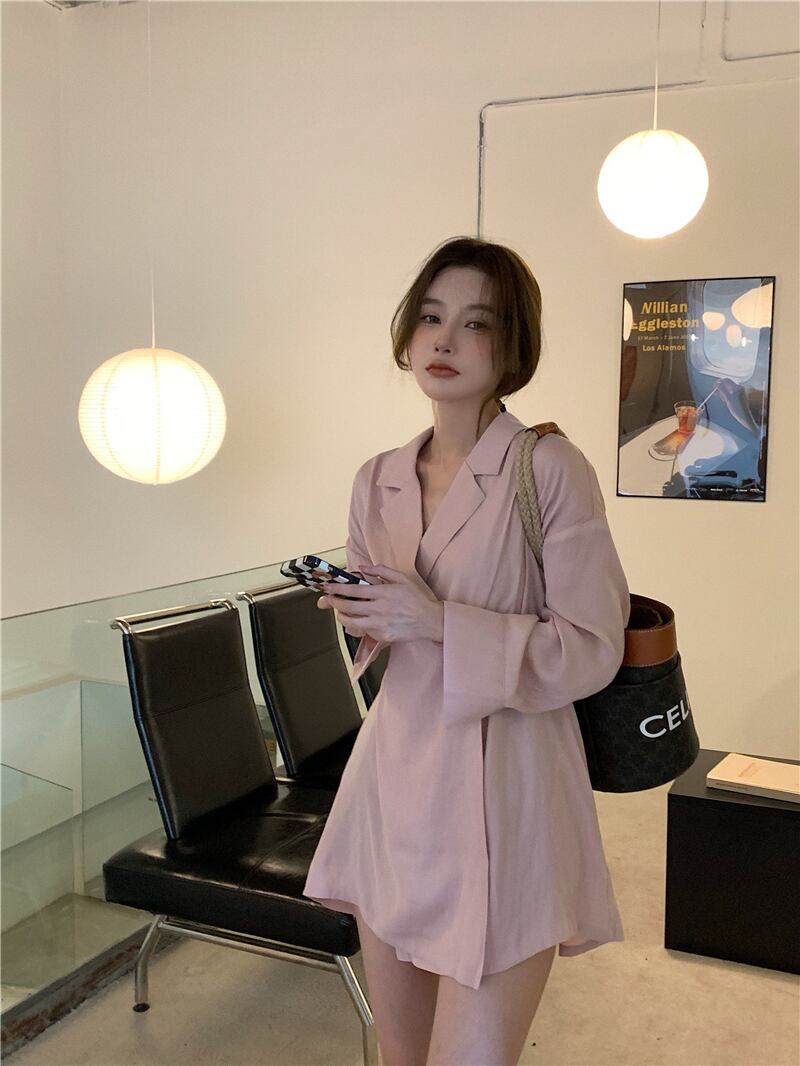 シャツ カラージャケット オータムスタンダードスタイル ロング ピンク レトロ 秋物 ブラックストロベリース32997638302