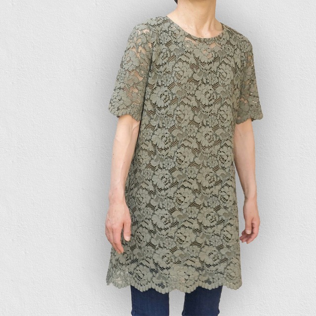 【総レース】大人可愛いトップス レースTシャツ ロング丈｜オリーブグリーン｜画像2
