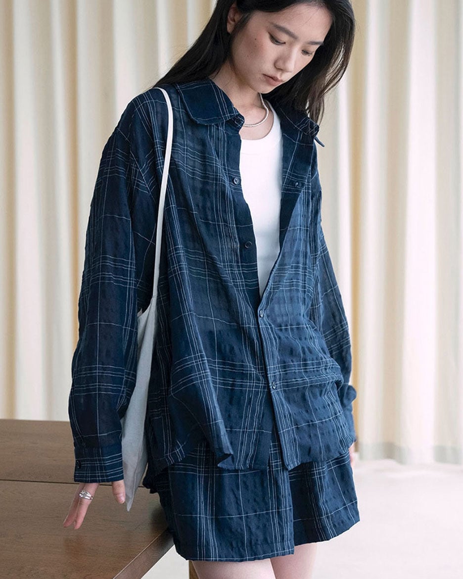 Crinkle-Texture Check Shirt