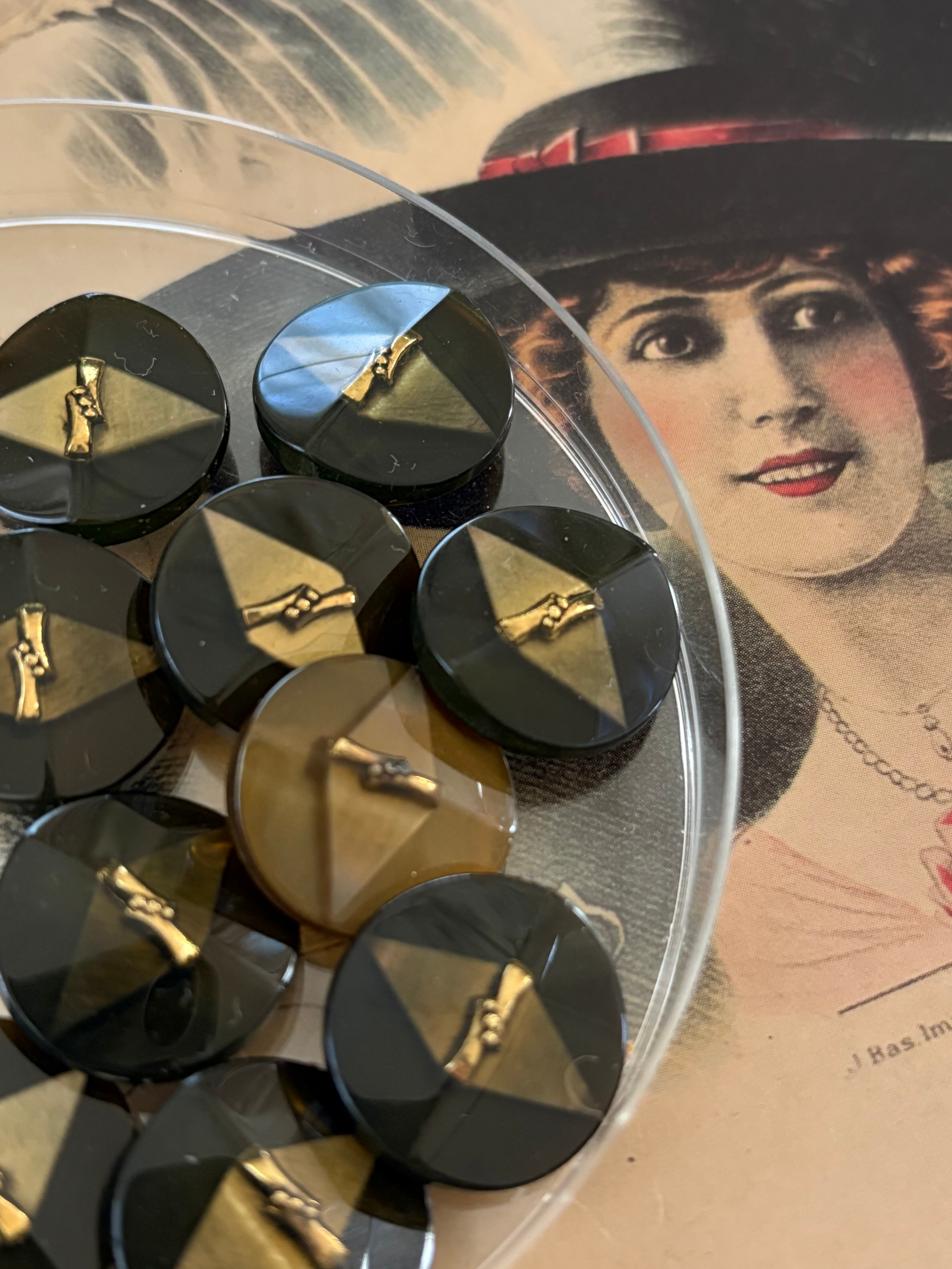 Japanese Vintage ボタン ライトブラウン/ブラウン×ゴールド 17mm 昭和レトロ アクセサリーパーツ 装飾材 カルトナージュ