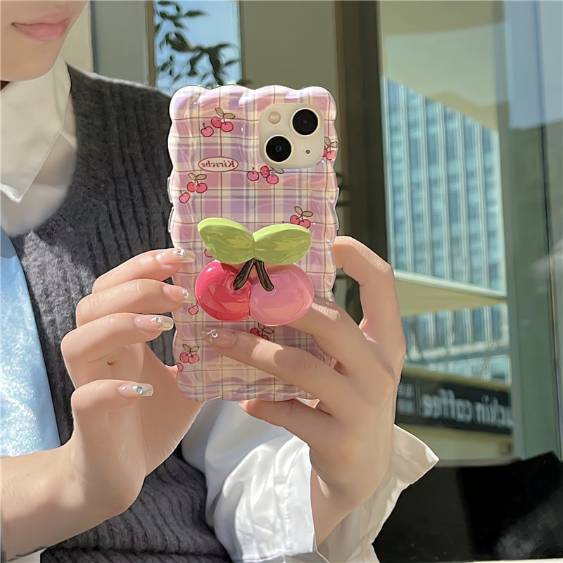 iPhoneケース チェック柄 チェリー ピンク かわいい キュート 大人女子 スマホケース 韓国 mariquita