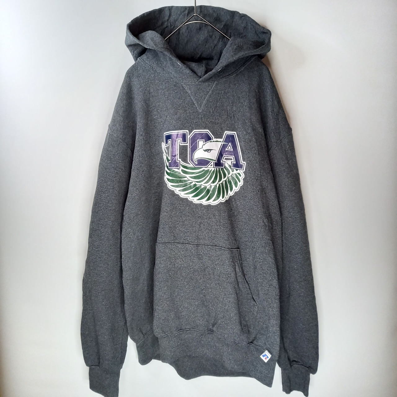 ラッセル　プルオーバーフーディー　パーカー　ビッグプリント　裏起毛　グレー　L