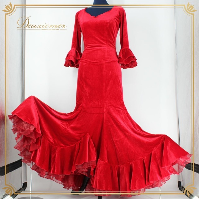 【美品 フラメンコ衣装】レッド SONIA JOHNES ソニアジョーンズ 上下セット ツーピース セットアップ 赤 ベロア ボランテ 高級