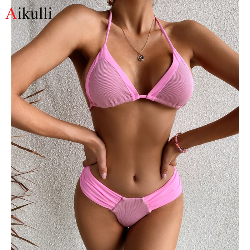 送料無料 セクシーなピンクのステッチビキニ水着2022サマービーチ