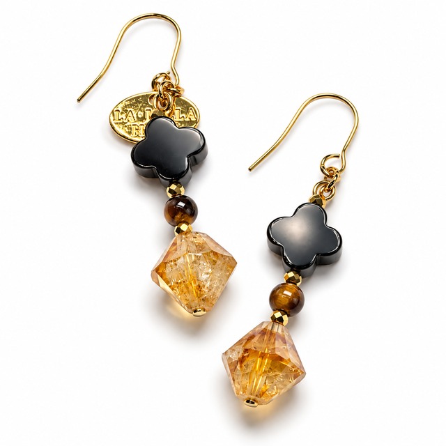 【Like a Honey Candy】シトリン×オニキス×タイガーアイ ピアス
