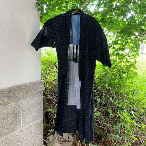 藍染 着物 書生絣風 ジャパンヴィンテージ 古着 古布 リメイク素材 大正 昭和 | Kasuri Fabric Indigo Kimono Robe Long Cotton Japan Vintage