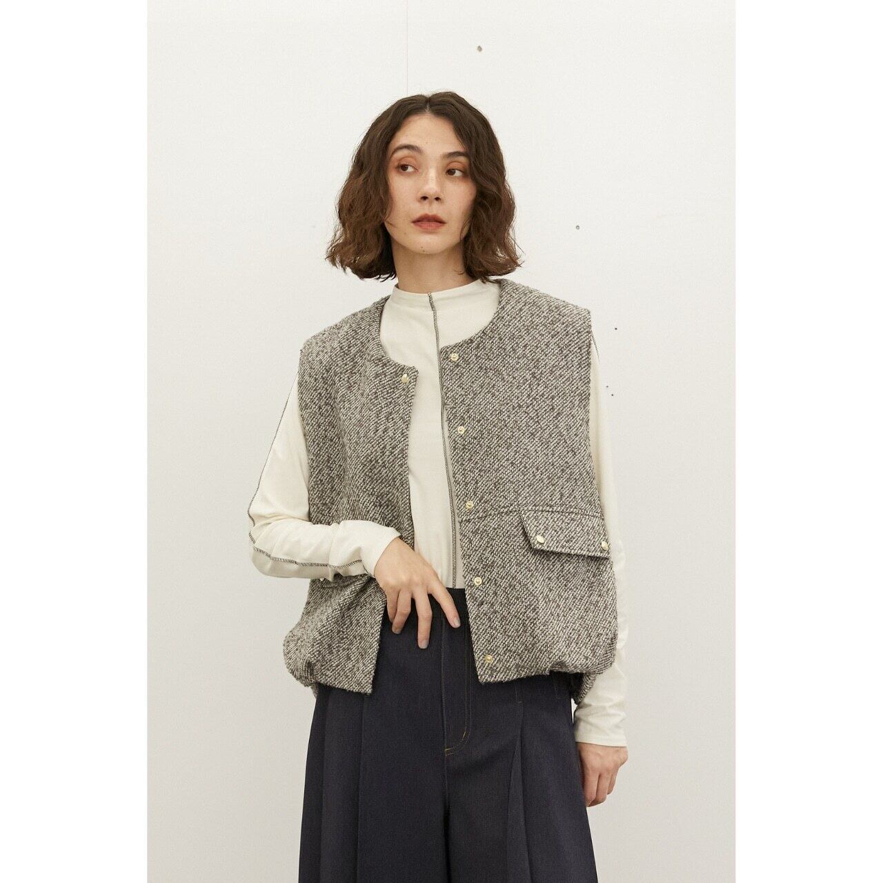 ALMOND OIL 】Classic tweed cocoon gilet | valance 福井｜レディース