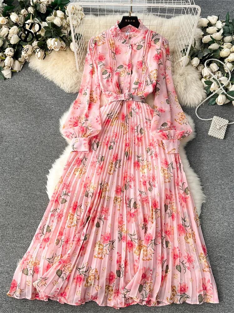 Sing補強-女性のプリーツフローラルロングシフォンドレス、フランスのファッション、ラウンド、ランタンスリーブ、ボタン、ベルトデザイン、春_386
