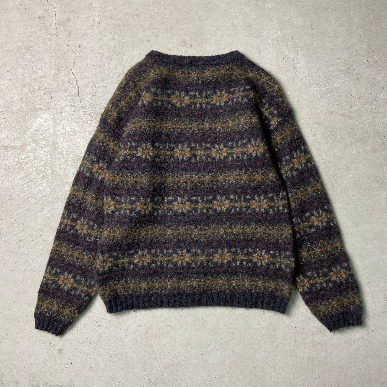 90年代 USA製 WOOLRICH ウールリッチ クルーネック ニット セーター ローゲージ 総柄 フェアアイル ブラウン系 (メンズ L)   O5305