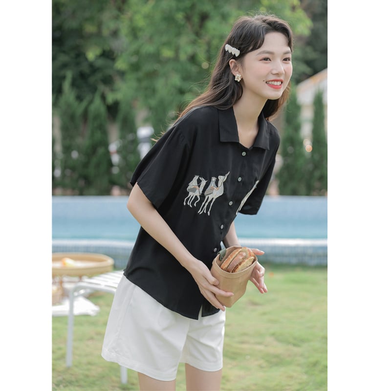 猫姑娘シリーズ】☆シャツ☆ 2color トップス 刺繍 レディース  