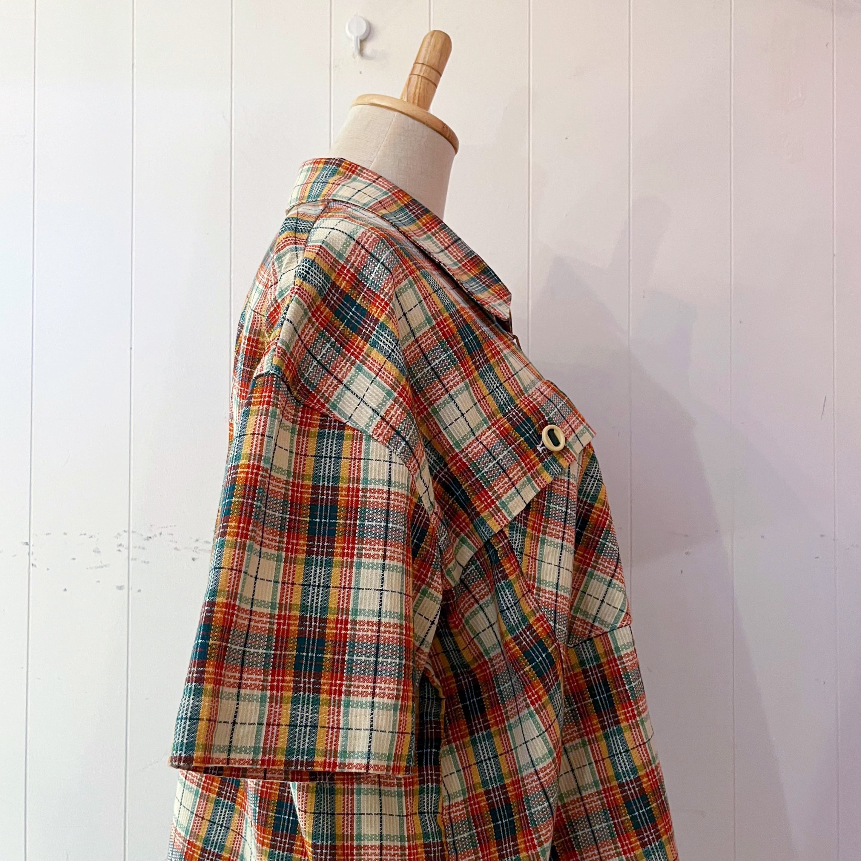 green madras check zip-up shirt