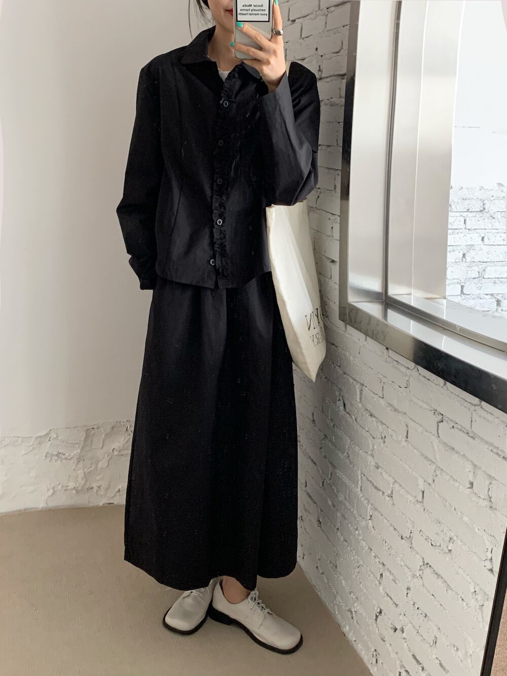 スタンダードダーク長袖スリーブシャツ ウェスト薄手Aラインスカート ロング レトロ ビッグFスモールZ韓国40986611013