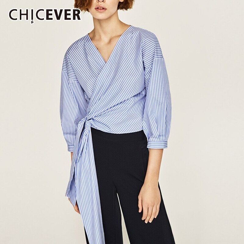 CHICEVERストライプレディースシャツVネック長袖ウエストラージサイズイレギュラーブラウス2020服 ロング 大きめサイズ 6base566006833277