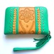 ボヘミアン 本革 レザー タッセル付 ウォレット(マンダラ型押し×ターコイズグリーン)ミラー付 財布 長財布 パスポート入れ【バリ直輸入】