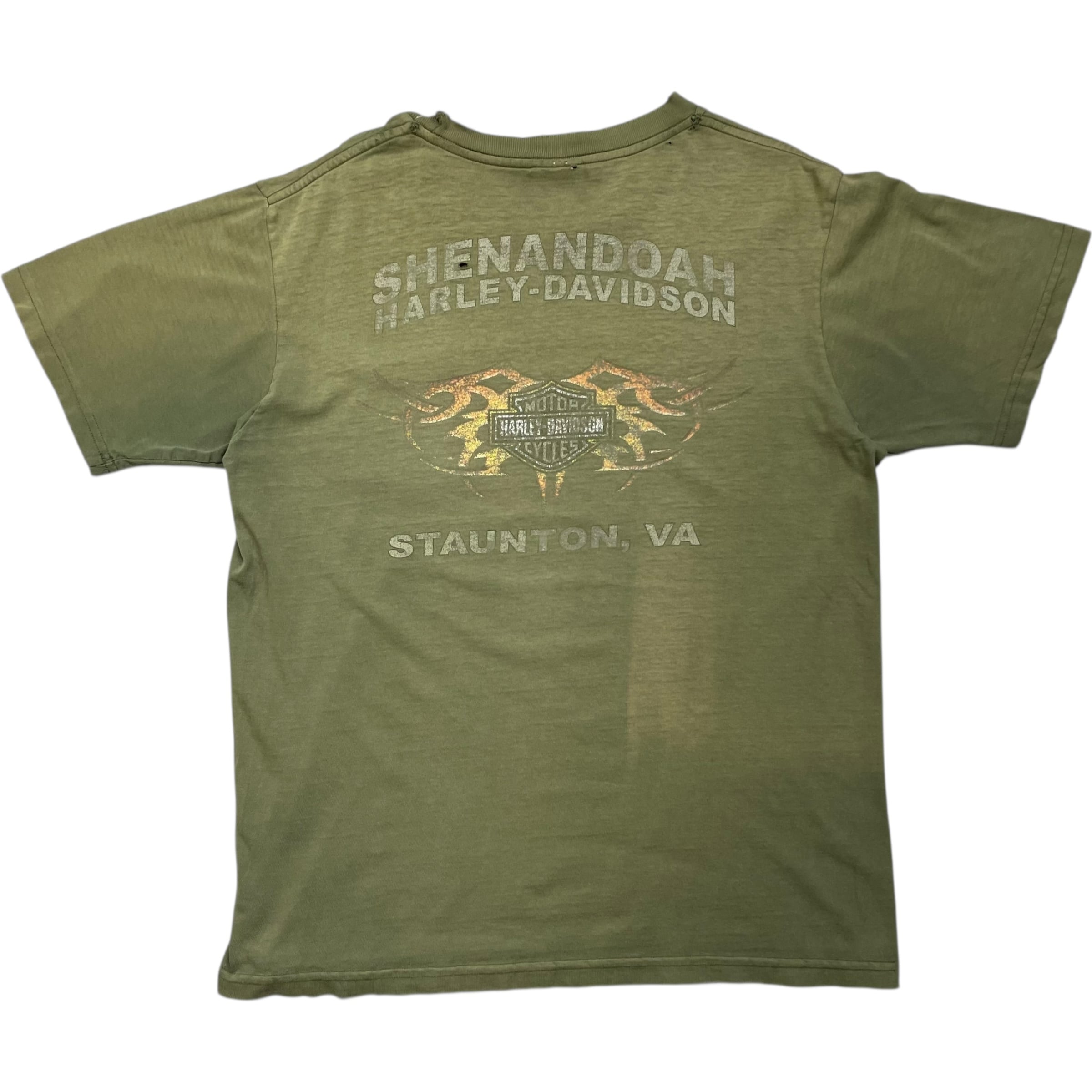《L》 Harley-Davidson ハーレーダビッドソン Tシャツ 両面プリント 胸ポケット モスグリーン フェード ダメージ 雰囲気 USA製 no.7305