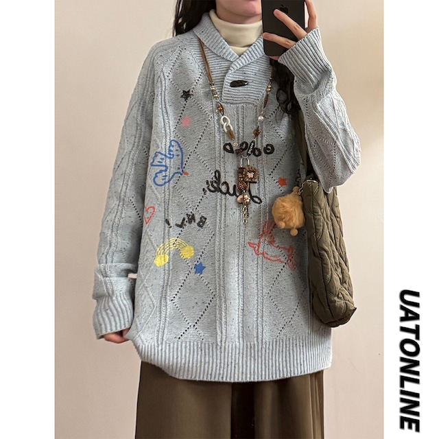 【UATONLINEシリーズ】★セーター★ 2color ニットトップス ユニセックス Vネック 青 灰 鳥 鳥柄