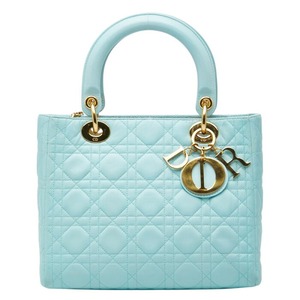 クリスチャンディオール カナージュ レディディオール ミディアム ハンドバッグ ライトブルー レザー レディース Christian Dior 【中古】