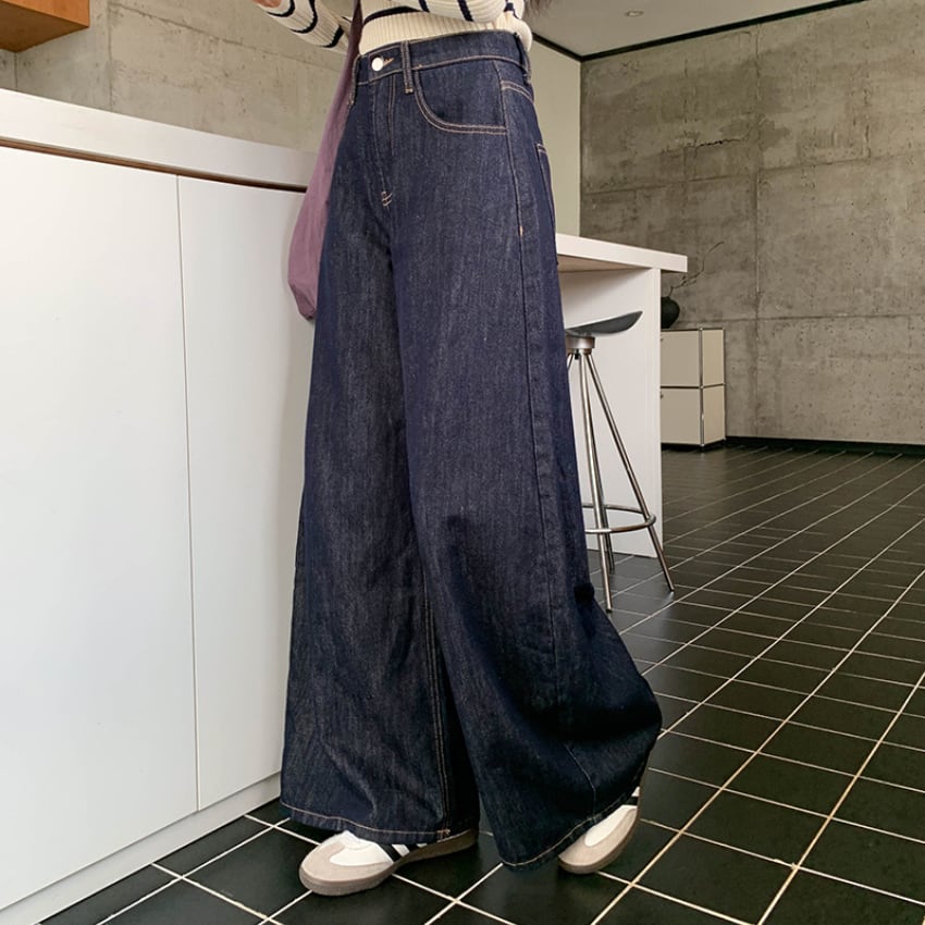 back embroidery wide-leg denim pants　J00277
