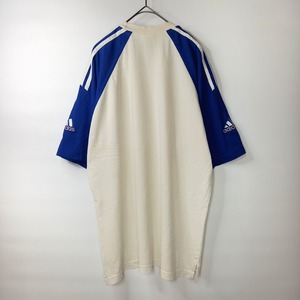 90s　アディダス　ラグランTシャツ　半袖　ストライプ　刺繍ロゴ　白　青