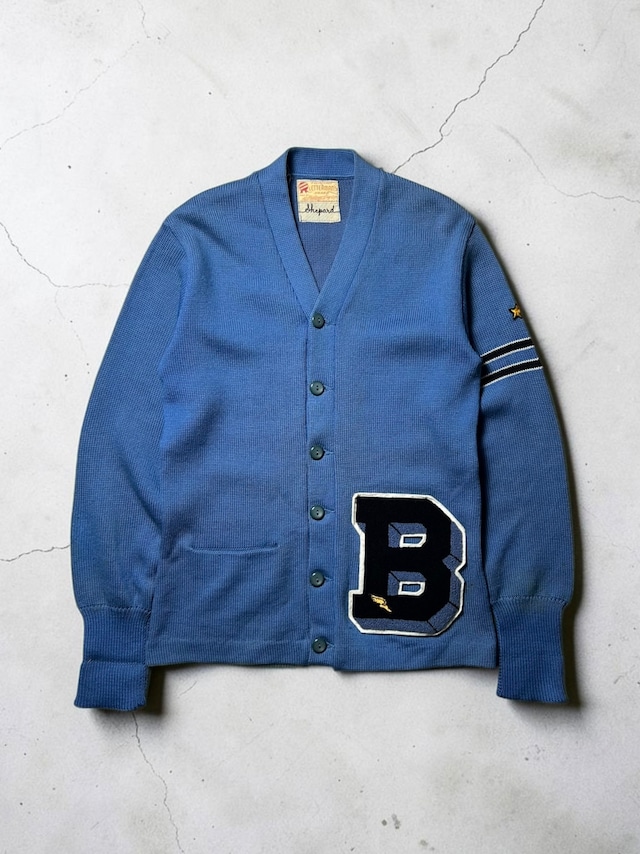 ［40~50s］Letterman's Award Shepard Letter Patch Blue Knit Cardigan