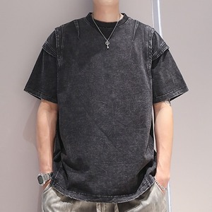 Faux two-piece stitched washed heavy T-shirt(MT1256)