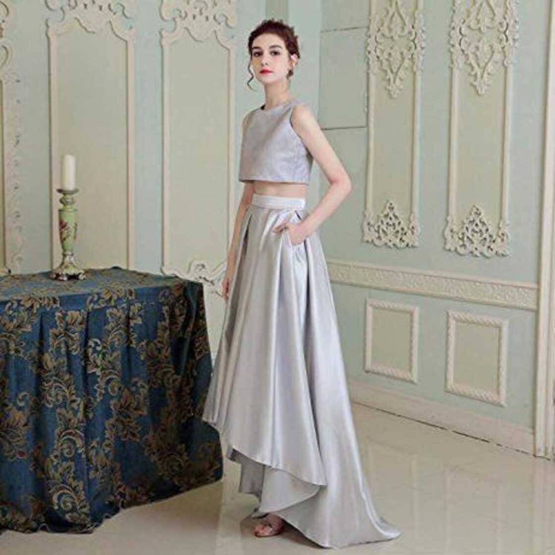 フィッシュテール セパレート ドレス 銀グレー サテン バックデザイン  