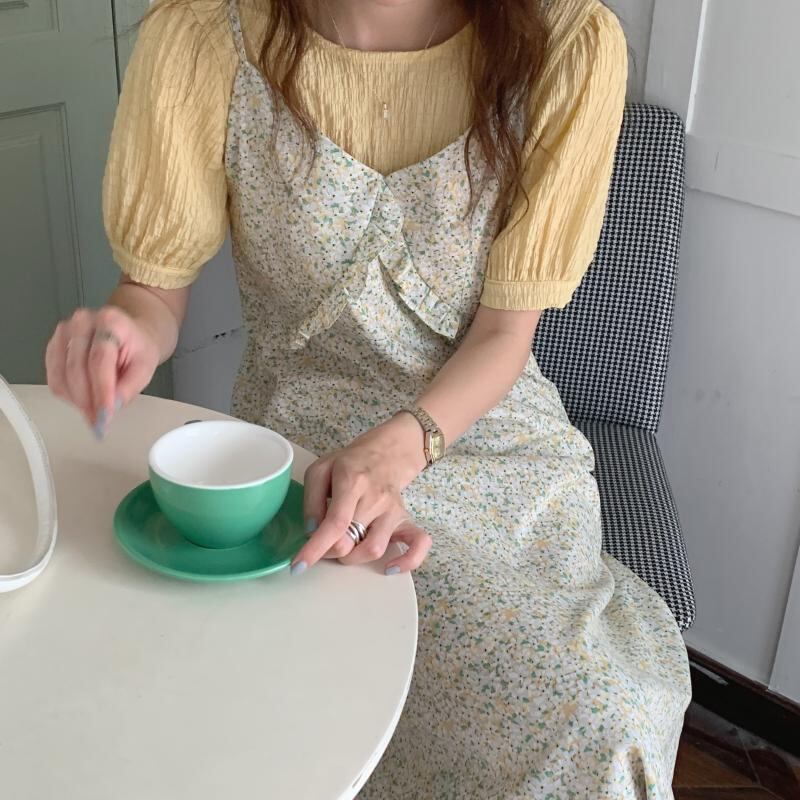 ラウンドネックトップス レースVネックフローラルスカート ドレス サマー 夏物 花柄 Oネック ビッグFスモールZ韓国48919740201