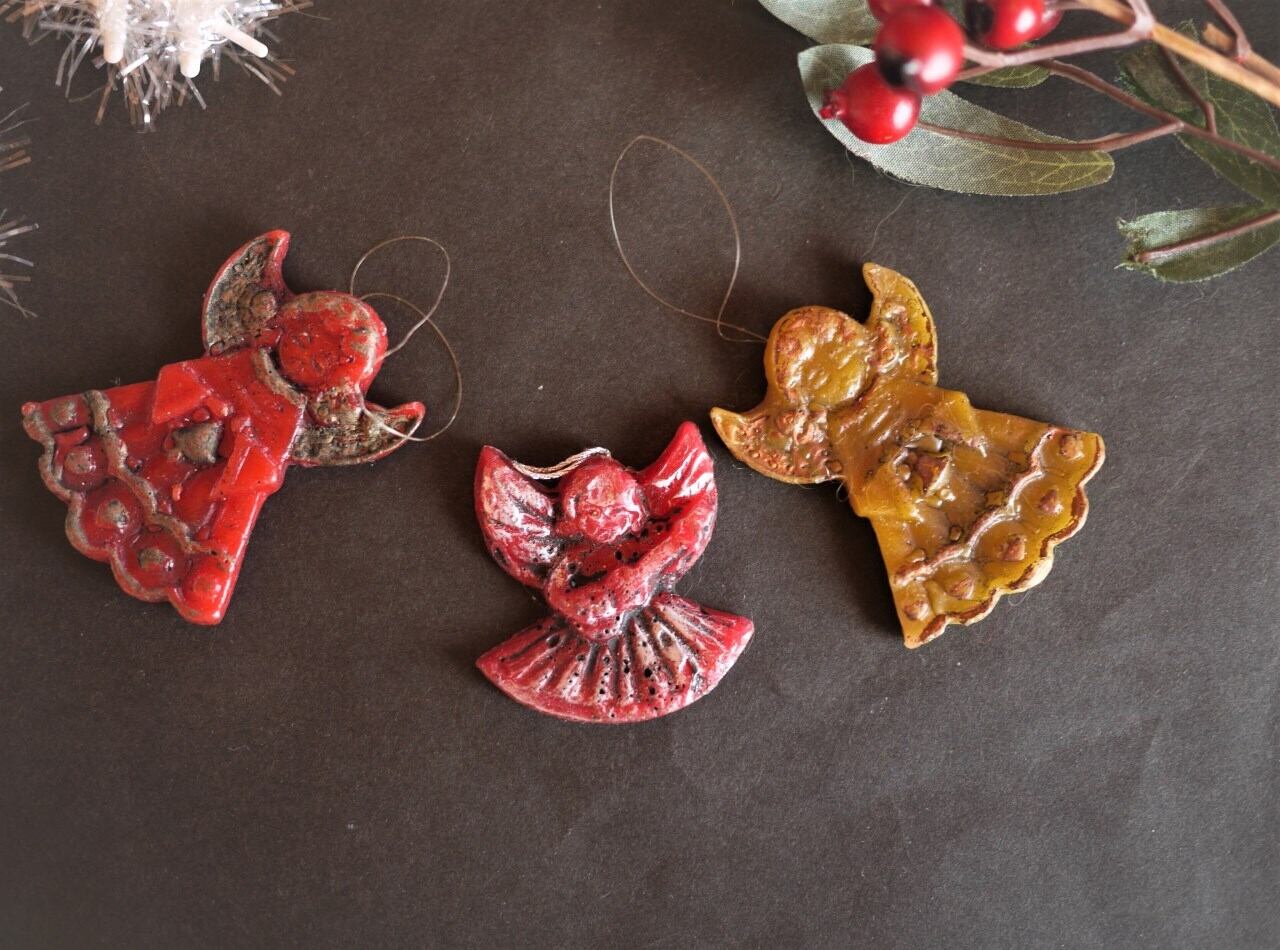 ヴィンテージドイツ 蜜蝋と赤蝋オーナメント 三人天使